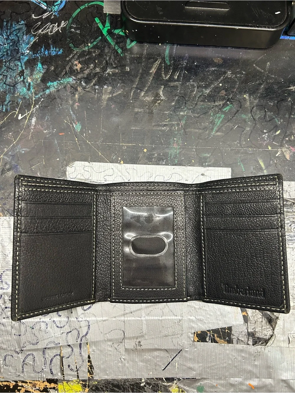 Timberland Black Wallet with White Abstract Stitching